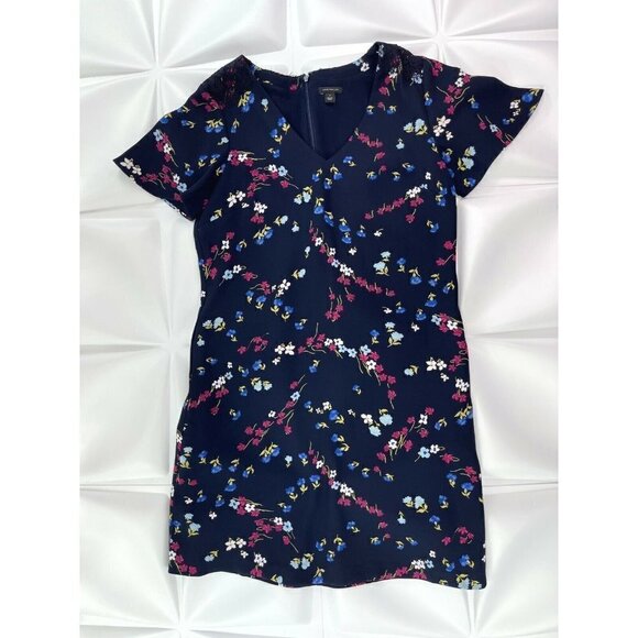 Ann Taylor Sz S Blue Floral Print V Neck Shift Dress Eyelash Lace Detail - Picture 7 of 7